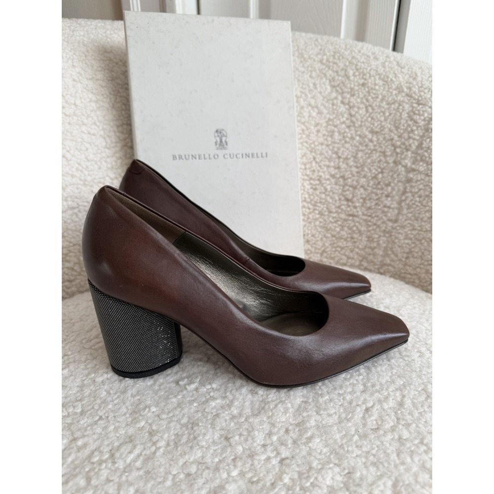 NWT Brunello Cucinelli - Brown Leather And Caviar Beads Block Heel‎ Size 37